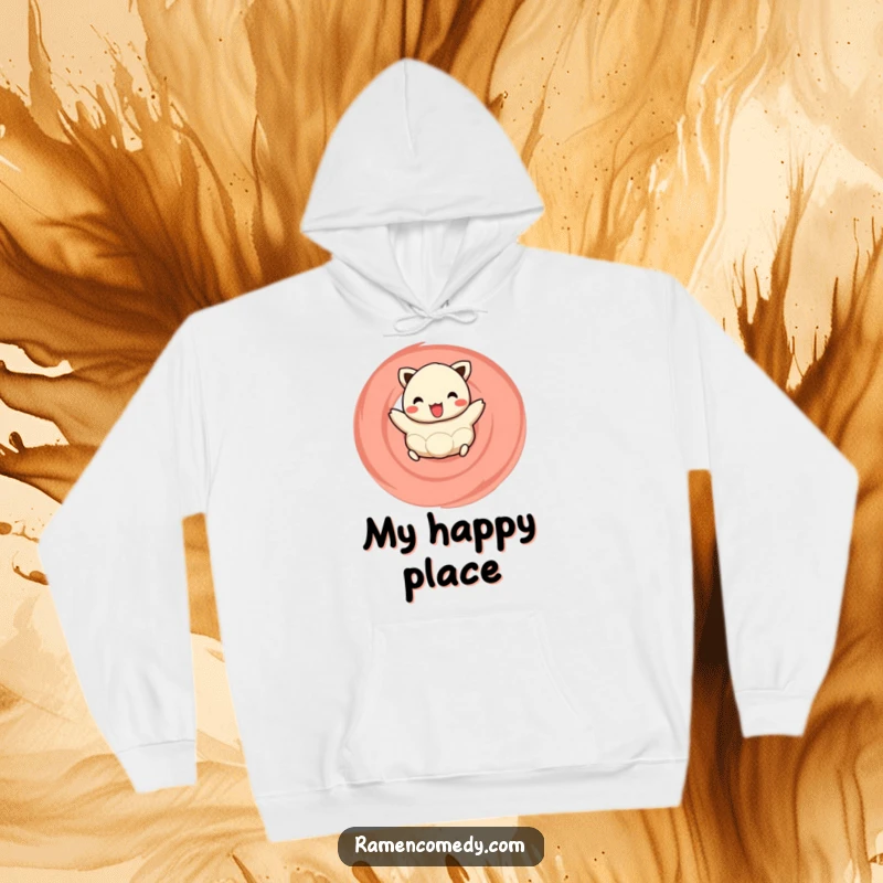 Funny hoodie design of a happy dumpling joyfully hopping on a naruto swirl, perfect for staying cozy and full of cheer.