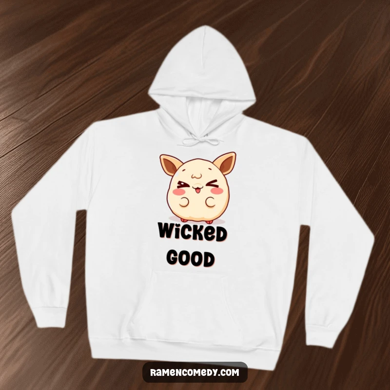 Funny gleeful gyoza hoodie, a charming character winking mischievously, offering cozy warmth and playful humor.