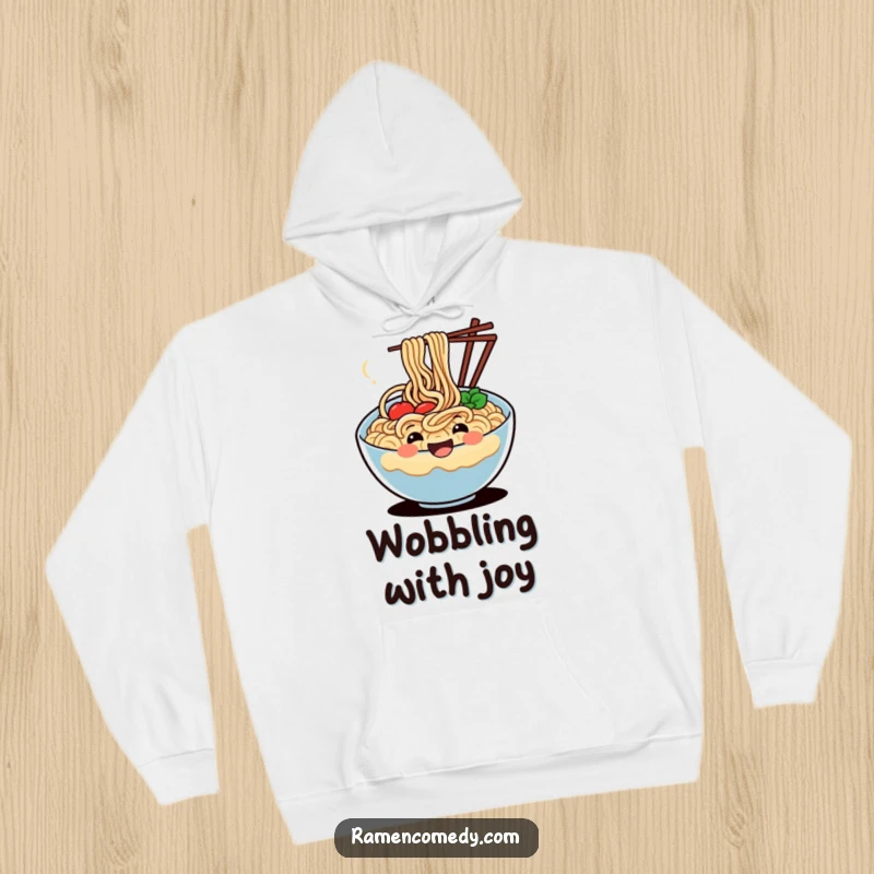 Funny hoodie displaying a joyful, wiggling bowl of noodles, radiating warmth and happiness for cozy wear.