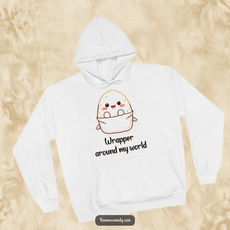 Funny Hoodie showcasing a cute, playful onigiri rice ball character emerging from its wrapper, offering warmth and cheerful humor.