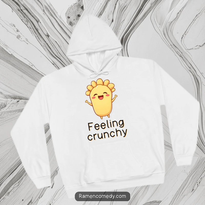 Funny hoodie featuring a bouncing piece of tempura character with a delighted expression, designed for ultimate comfort and joy.