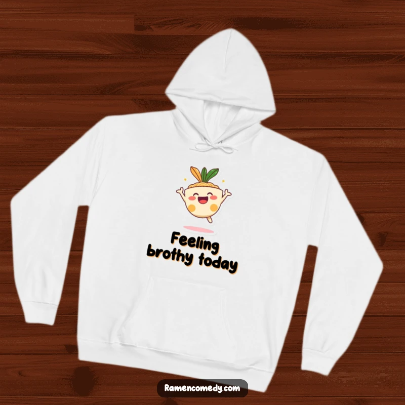 Funny happy ramen bowl character joyfully jumping, warm and cozy cartoon hoodie.