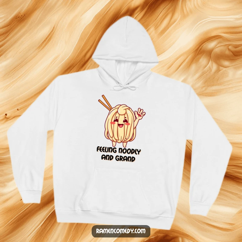 Funny hoodie featuring a cheerful udon noodle character waving, perfect for cozy noodle sessions.