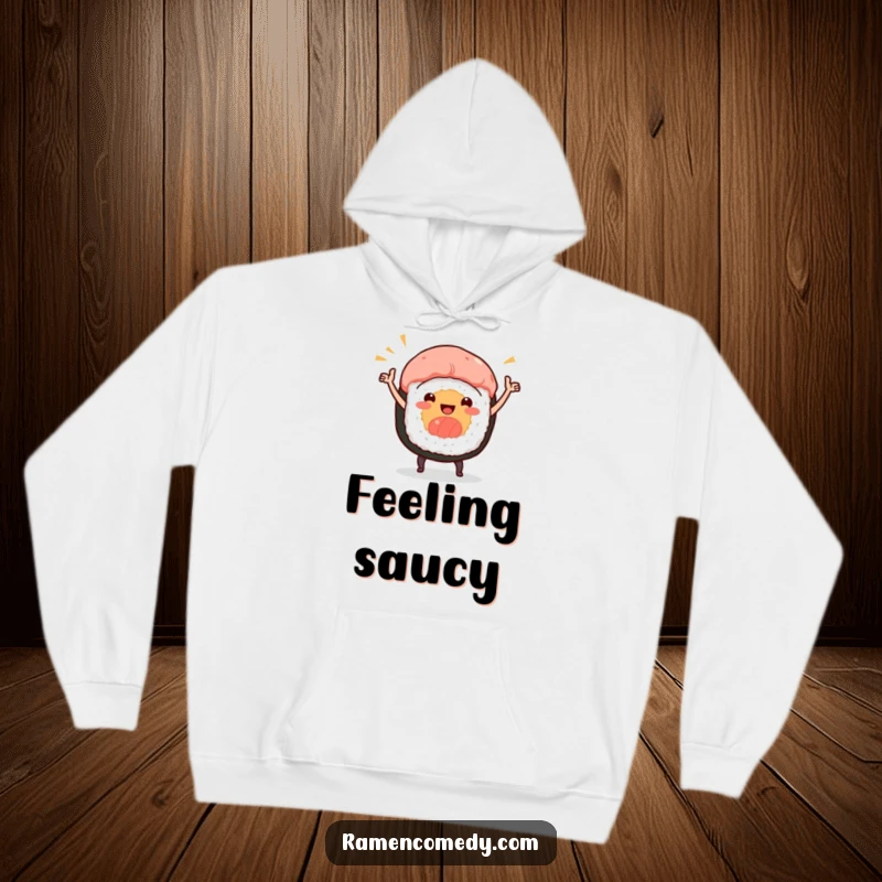 Funny hoodie with a smiling sushi roll character doing a lively celebratory dance, designed for ultimate comfort.