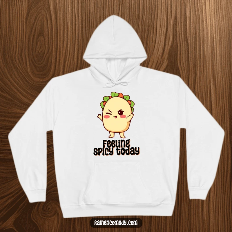 Funny cute taco character striking a confident pose with a wink, warm cartoon hoodie.