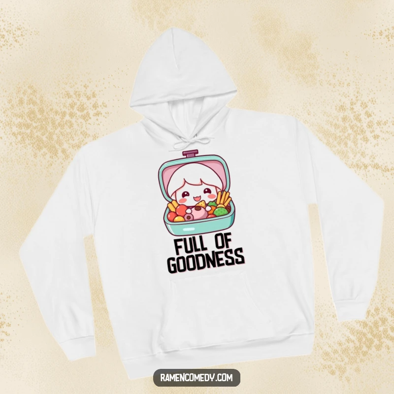 Funny bento box hoodie with a cute bento box character opening to display vibrant and appetizing food, perfect for cozy moments.