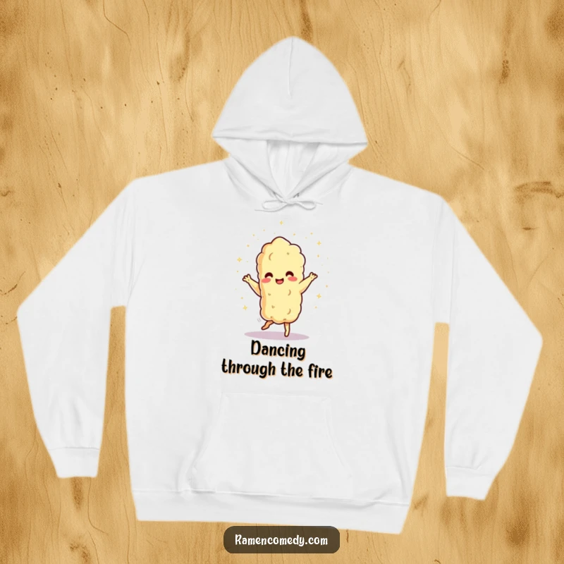 Funny dancing tempura character showering tiny sparks, cozy hoodie. Great funny gift for tempura lovers.