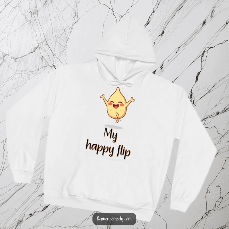 Funny hoodie featuring a smiling gyoza character performing a cartwheel with glee, perfect for cozying up with a smile.