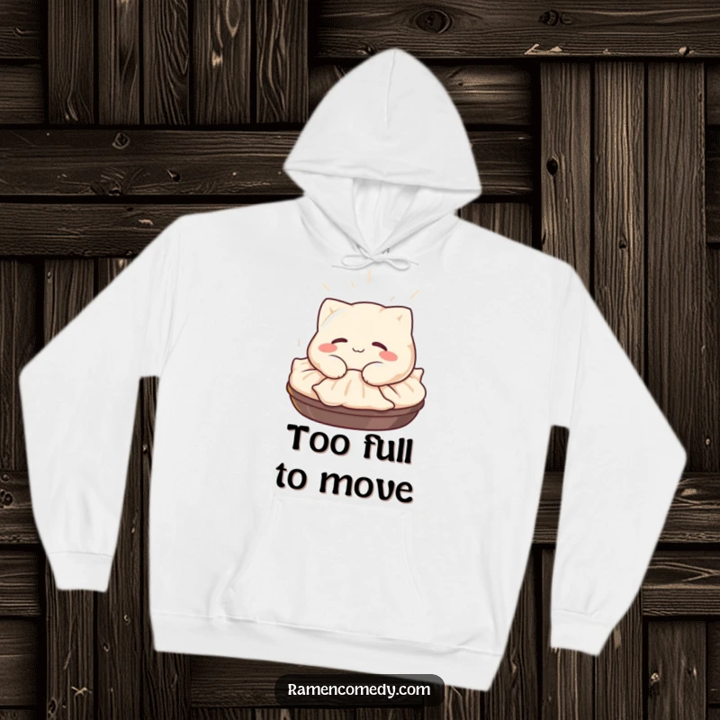 Funny Gyoza Hoodie: A happy gyoza character with a satisfied smile naps on a steaming pile, offering cozy food comfort.