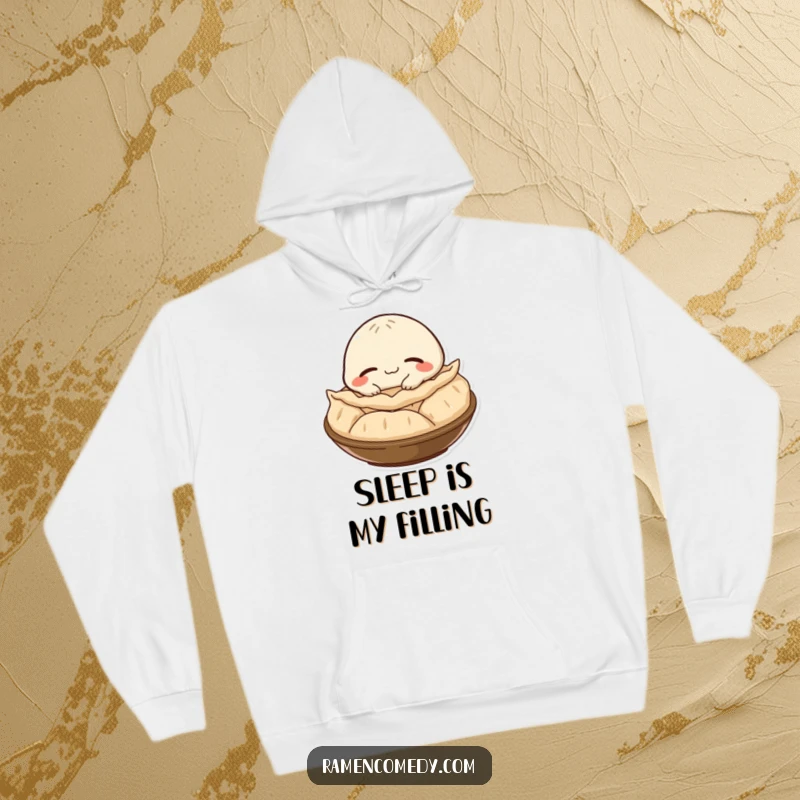 Funny gyoza character with a satisfied smile, napping on a steaming pile, depicted on a warm and cozy hoodie.