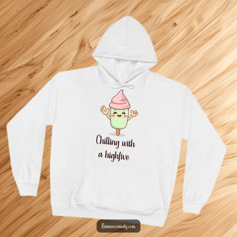 Funny matcha ice cream hoodie with a grinning character giving a high-five, perfect for cool weather.
