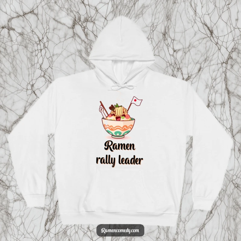 Funny ramen bowl character, steaming and waving a flag, integrated into a soft and warm hoodie design.