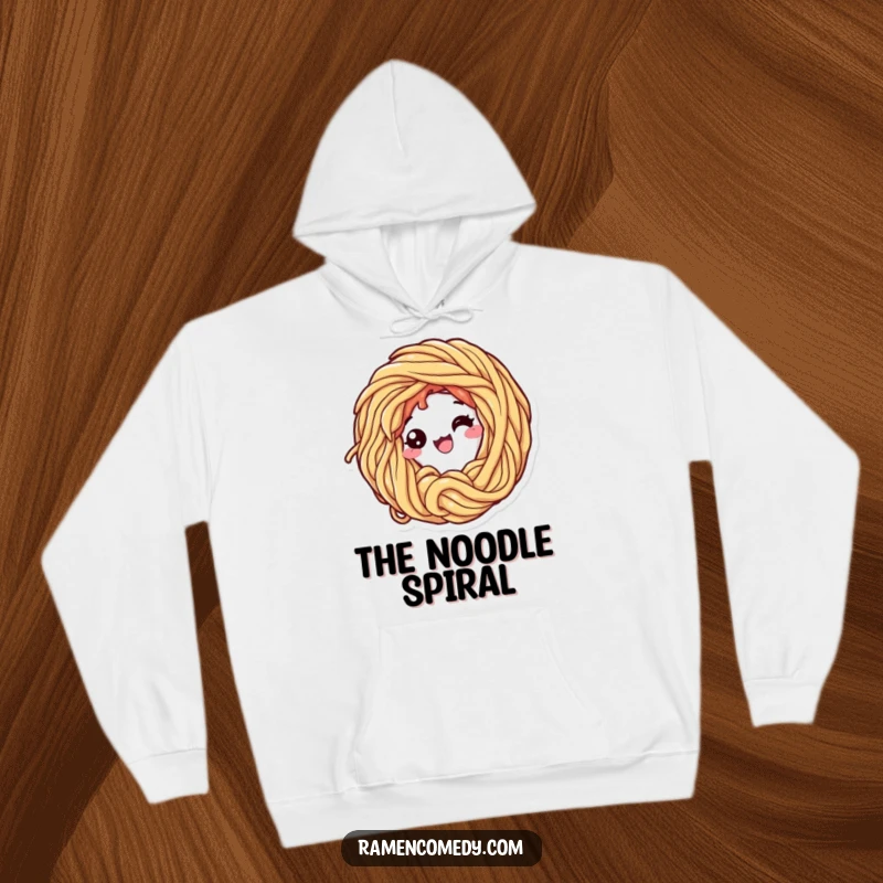 Funny hoodie depicting a content ramen noodle character curling into a loop, offering comfort and humor for any occasion.