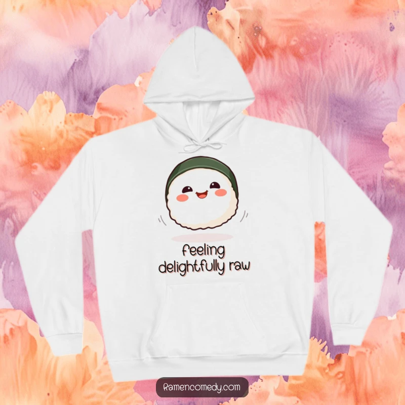 Funny smiling sushi piece spinning with joy, warm and cozy cartoon hoodie.