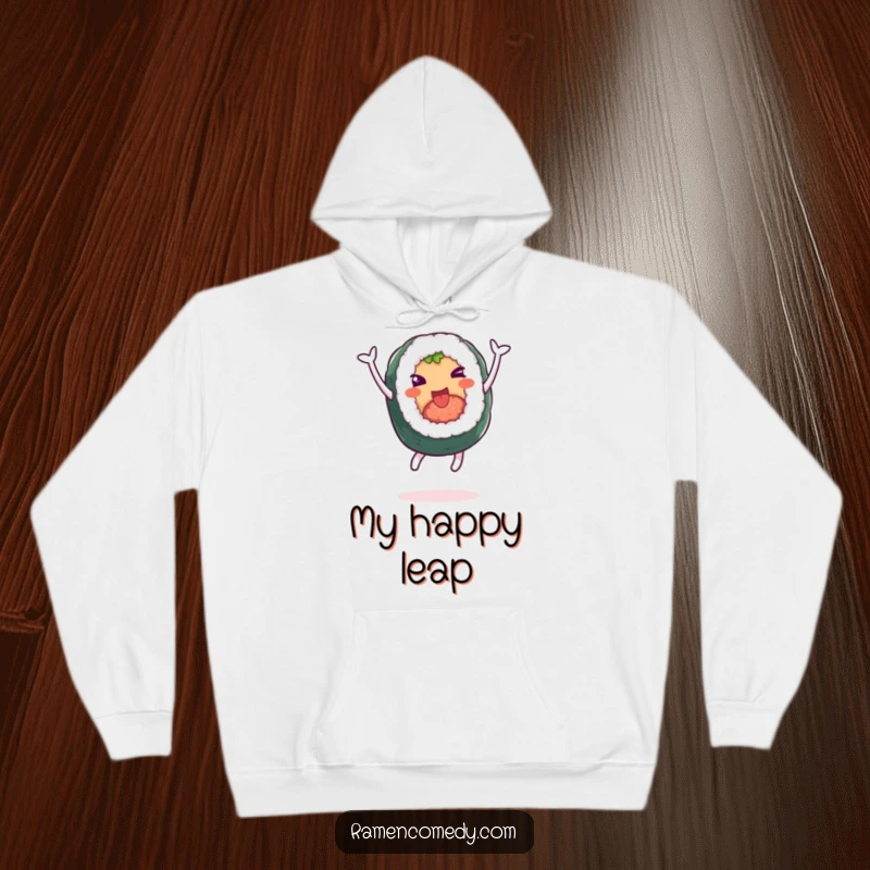Funny hoodie featuring a cheerful sushi roll character leaping with glee, perfect for cozying up with a smile.