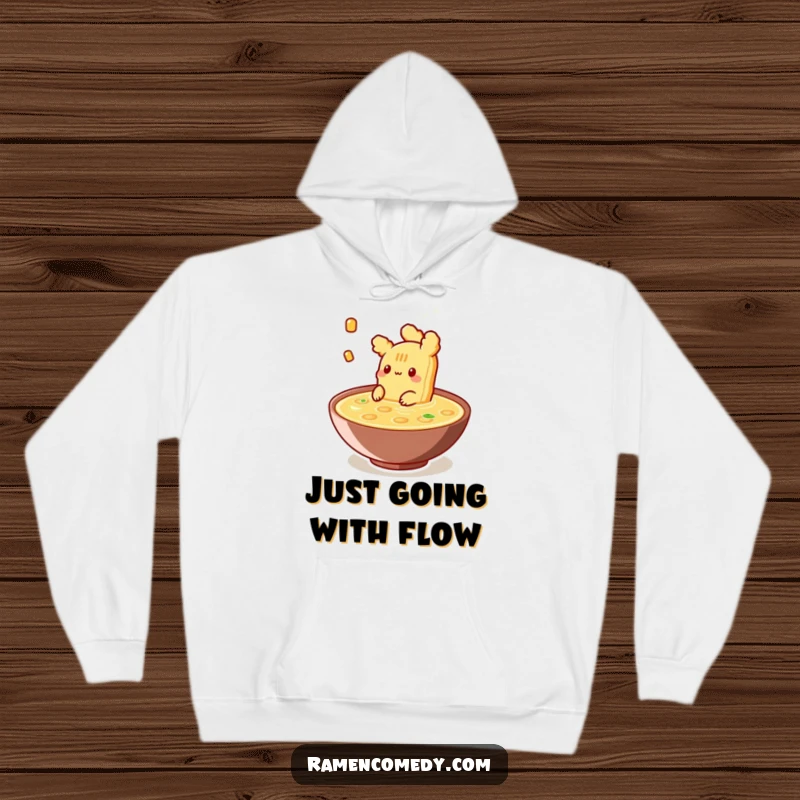 Funny Hoodie featuring a piece of tempura blissfully floating in broth, perfect for cozying up with a dose of calm and deliciousness.