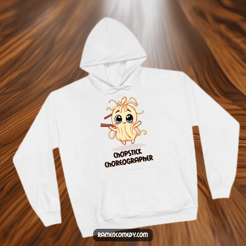 Funny Hoodie featuring a wiggly noodle creature with giant eyes dancing playfully around a chopstick, embodying pure fun.