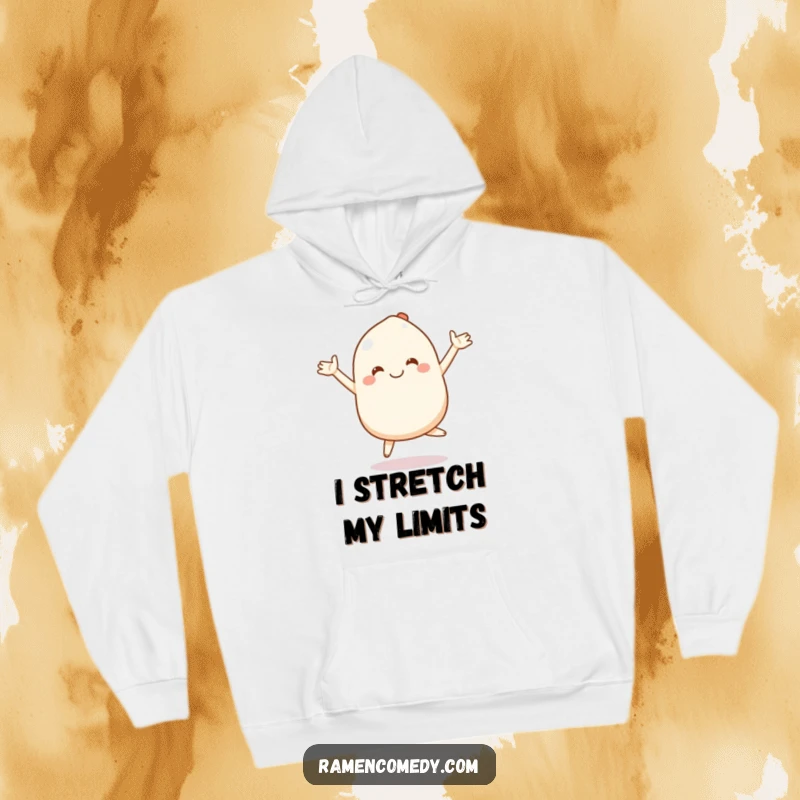 Funny mochi hoodie featuring a smiling character bouncing with stretchy arms, offering cozy comfort and sweet humor.
