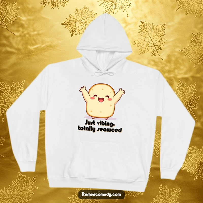 Funny hoodie showcasing a happy sushi Nori slice, arms up in celebration, bobbing with delight. Comfortable and humorous apparel.