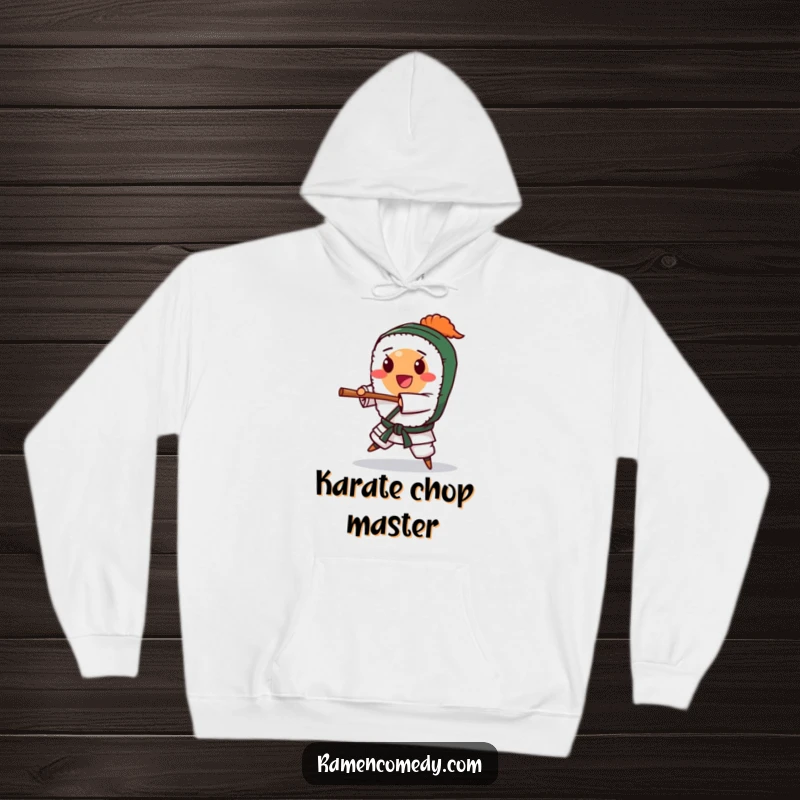 Funny happy sushi roll in a karate pose, soft hoodie. Great funny gift for sushi enthusiasts.