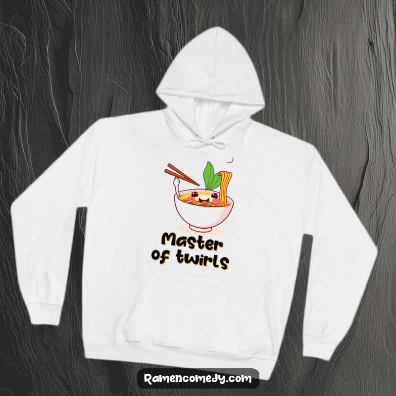 Funny hoodie depicting a happy ramen bowl performing an impressive juggling act with several chopsticks.
