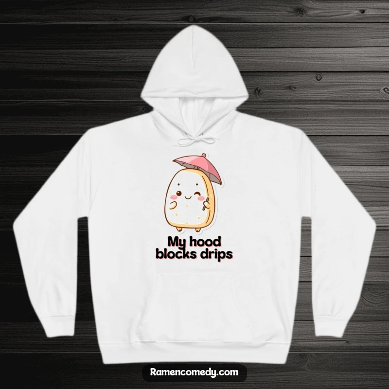 Funny onigiri hoodie displaying a smiling rice ball character gripping a small umbrella, ideal for relaxed, humorous vibes.