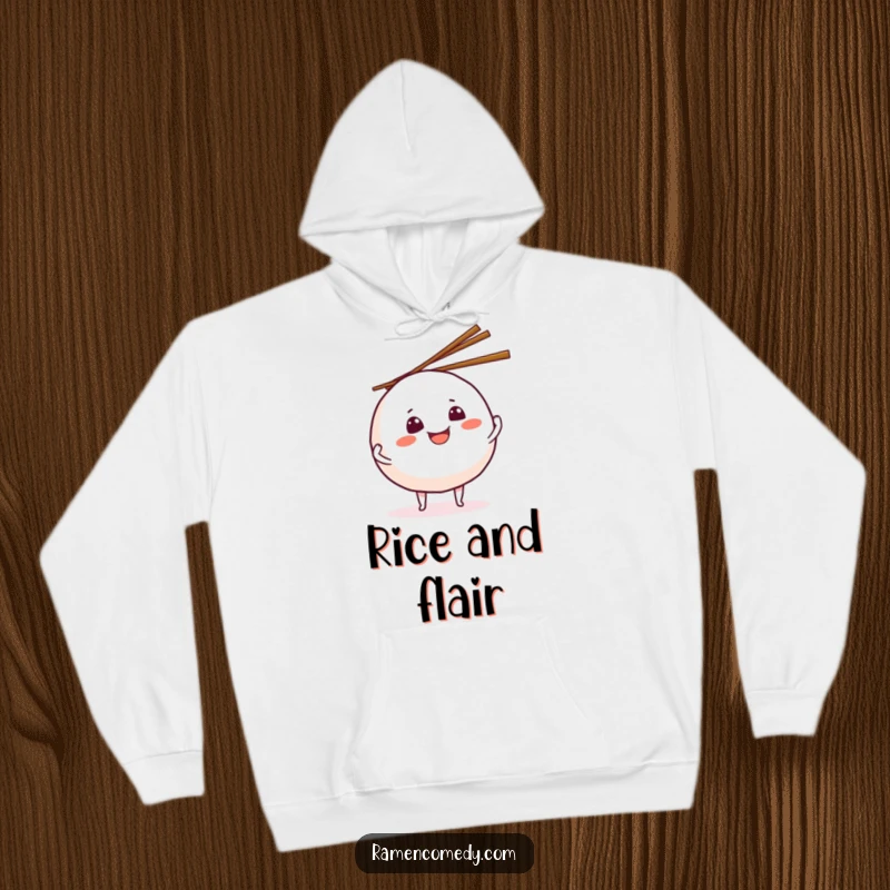 Funny grinning onigiri hoodie, a charming character juggling chopsticks, offering warmth and humorous culinary delight.
