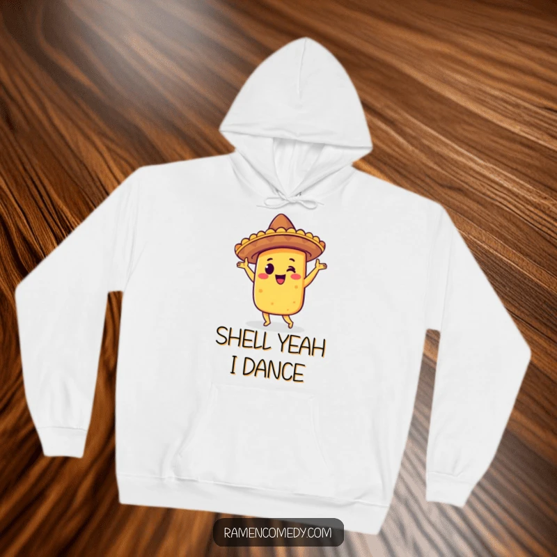 Funny taco jig hoodie with a happy taco wearing a sombrero, doing a lively dance, perfect for cozy and festive occasions.