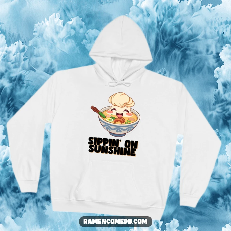 Funny ramen broth hoodie, smiling character beaming from bowl, cozy soup apparel.