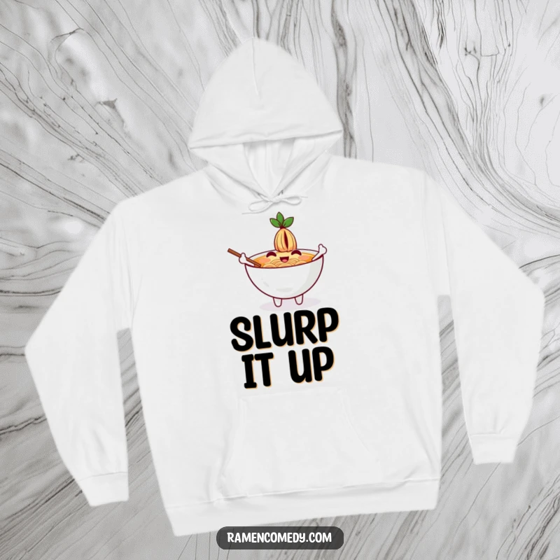 Funny hoodie featuring a cheerful ramen bowl character waving with chopsticks arms, offering warmth and comfort.