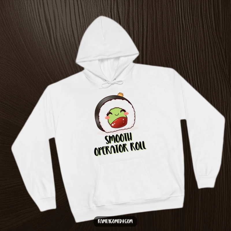 Funny hoodie design of a cute sushi piece winking cheekily with a miniature soy sauce bottle, perfect for staying warm and stylish.