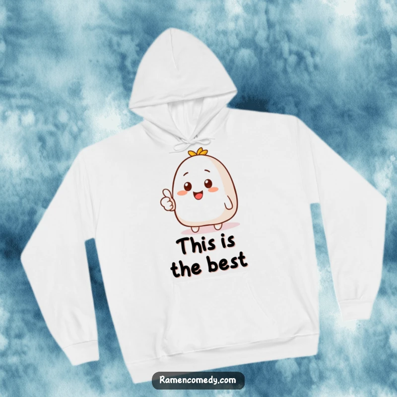 Funny hoodie depicting a happy onigiri character giving a thumbs up, offering comfort and a positive message.