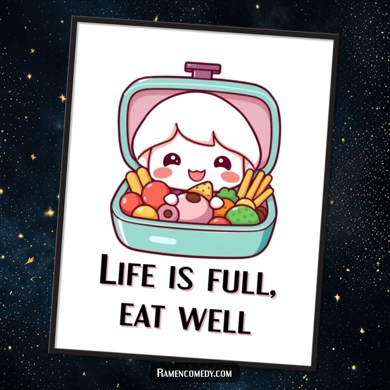 Funny Free Printable wall art of a smiling bento box character revealing colorful food, bringing a vibrant and cheerful aesthetic.