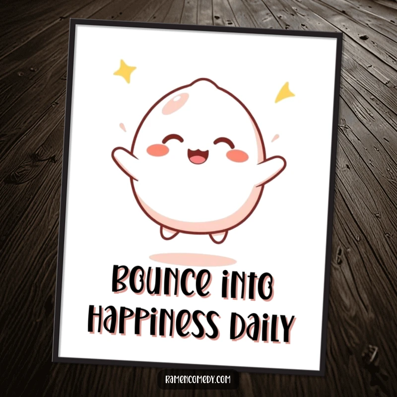 Funny Free Printable wall art featuring a happy mochi character bouncing with infectious joy, radiating positive and uplifting vibes.