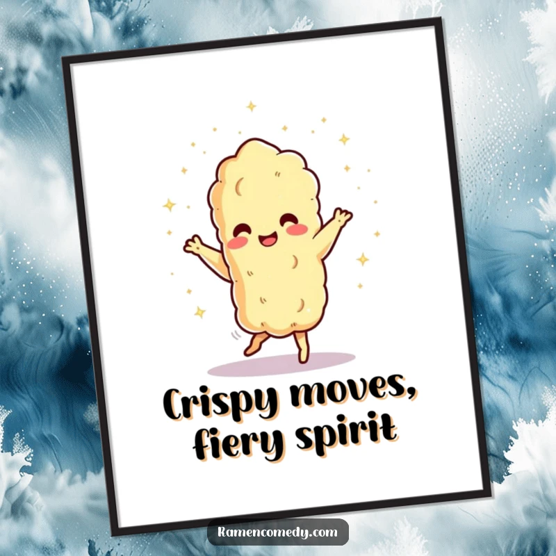 Funny Free Printable Wall Art: A dancing tempura character shimmers and shines, showering tiny, magical sparks. Downloadable art.