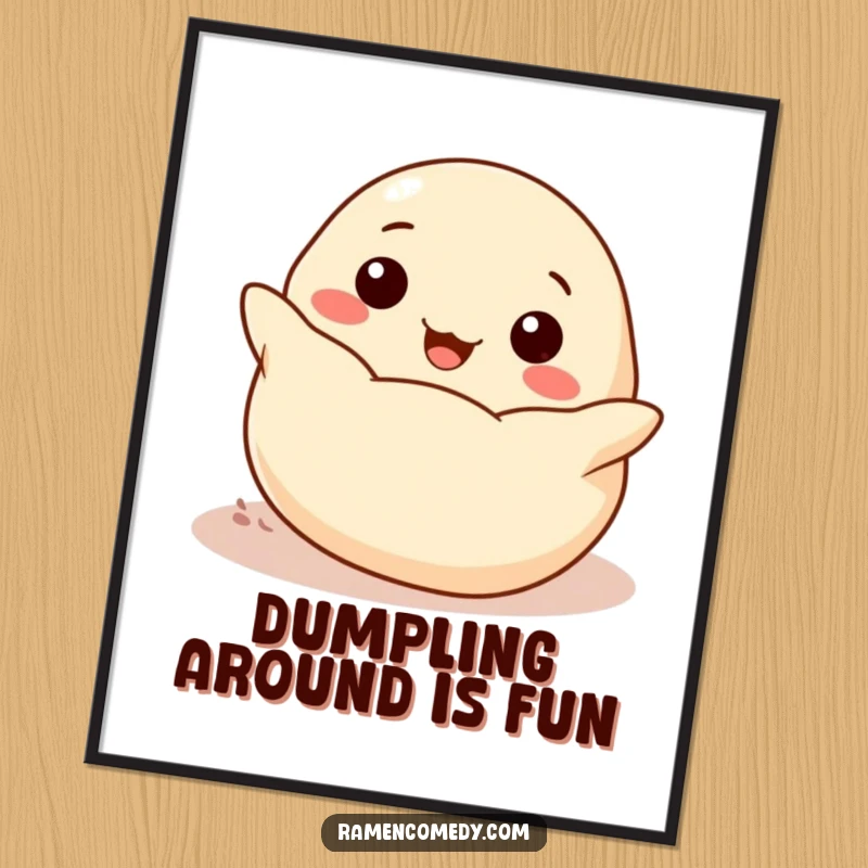 Funny Free Printable Wall Art of a cheerful dumpling rolling with pure delight towards the viewer, creating a warm and inviting atmosphere.
