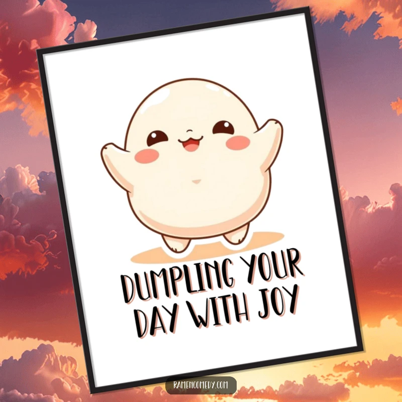 Funny free printable wall art of a gleeful dumpling character bouncing energetically, perfect for kitchen decor.