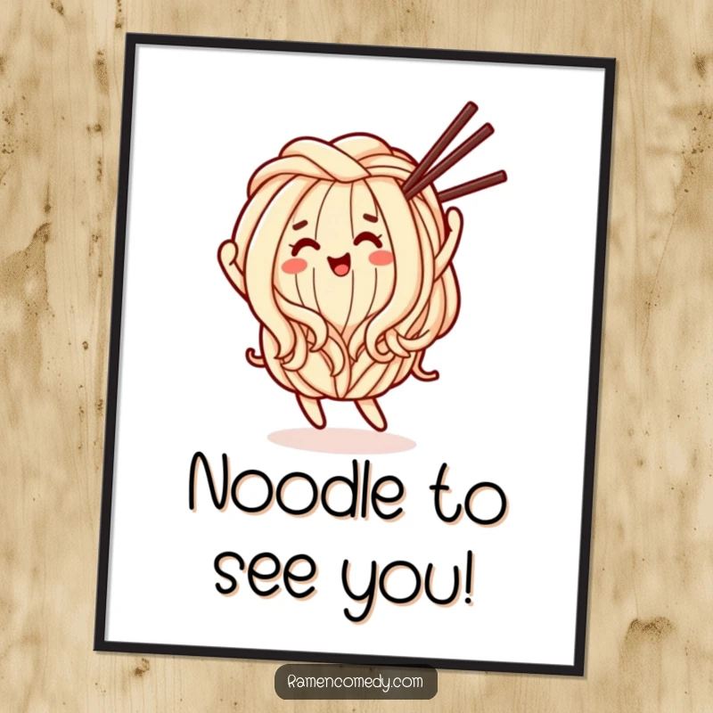 Funny free printable wall art of a happy udon noodle character dancing with chopsticks.
