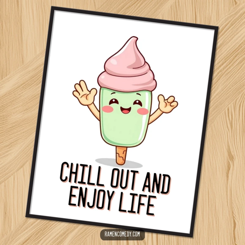 Funny Free Printable Wall Art: A grinning matcha ice cream character giving a celebratory high-five.
