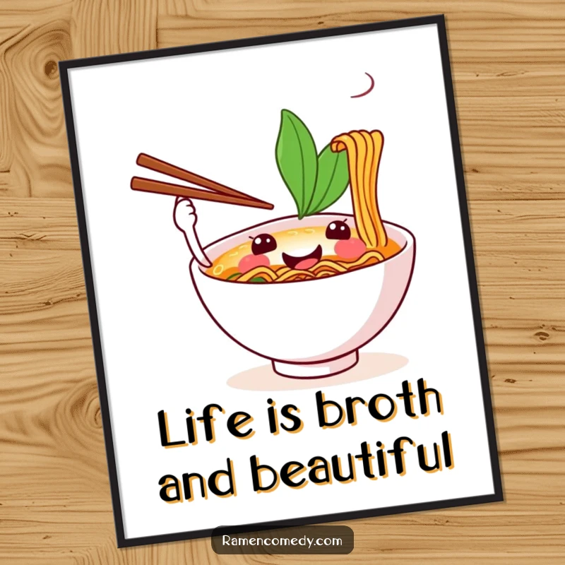 Funny Free Printable Wall Art: A smiling ramen bowl enthusiastically juggles chopsticks, bringing playful energy and foodie fun to any room.
