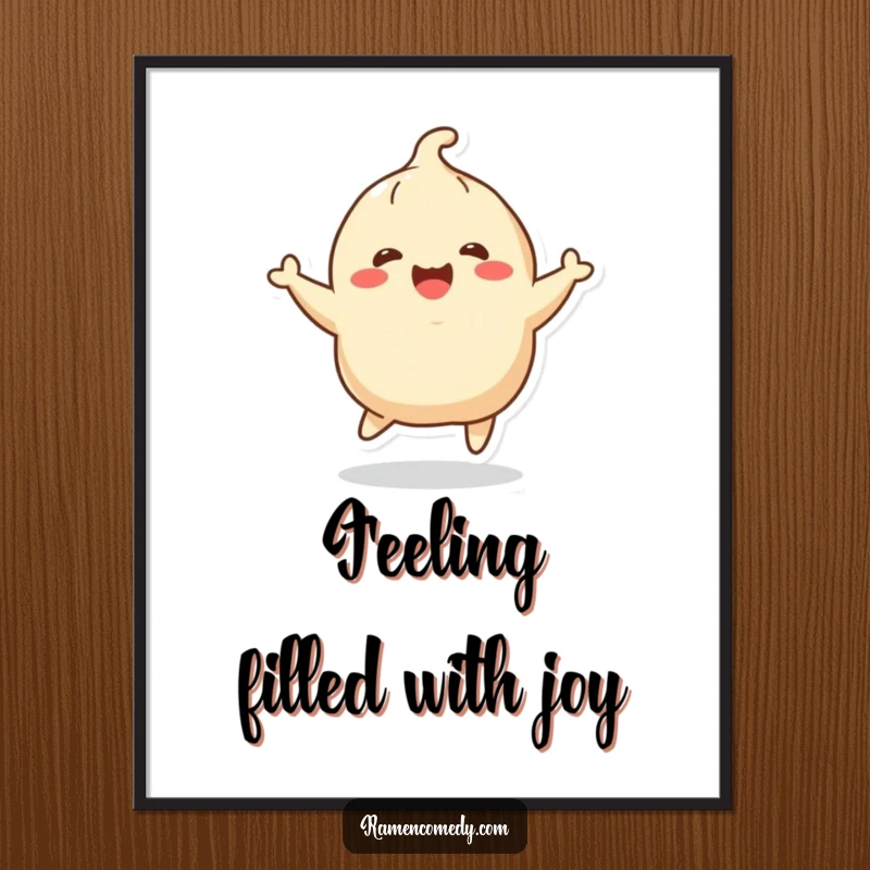 Funny Free Printable Wall Art: A cheerful dumpling character energetically bounces, radiating pure joy and excitement. Downloadable art.
