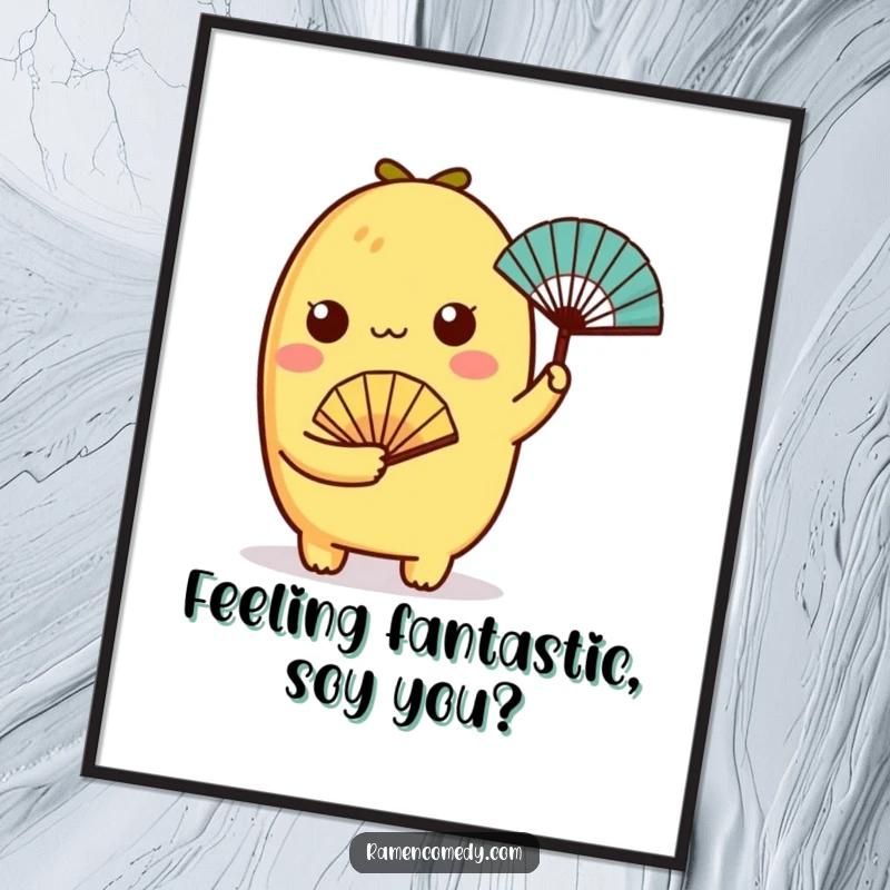 Funny Free Printable Wall Art: A charming tamagoyaki character holding a tiny fan, bringing a cool and quirky decorative element to any room.