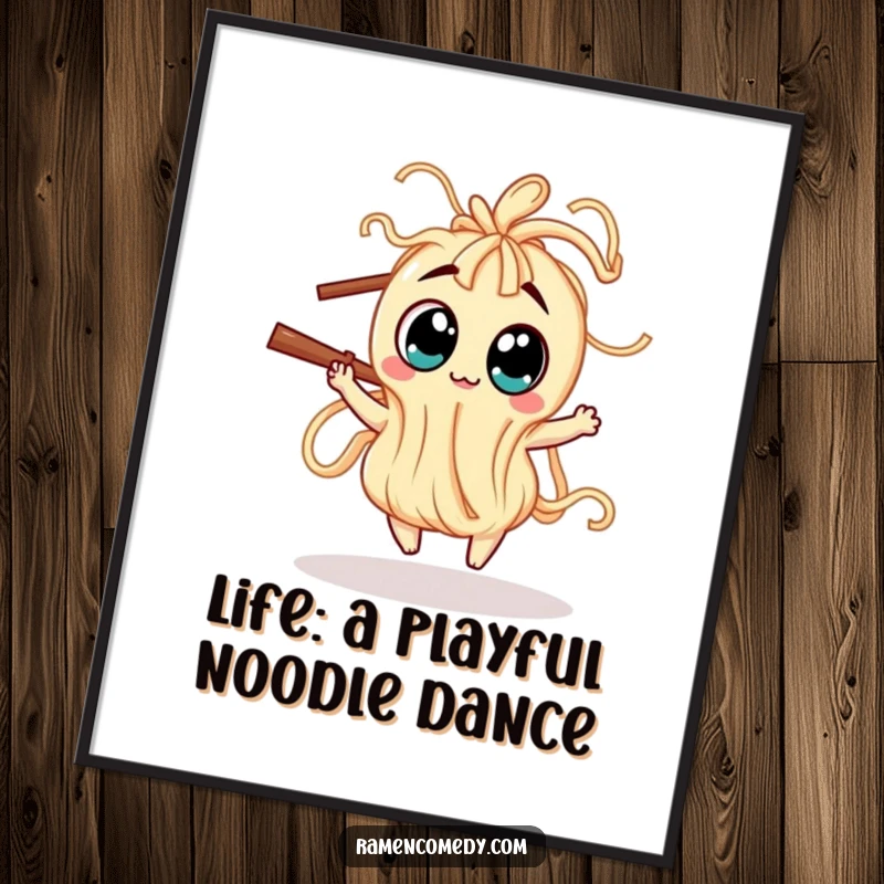 Funny Free Printable Wall Art: A wiggly noodle creature with large, captivating eyes dances with glee around a single chopstick.
