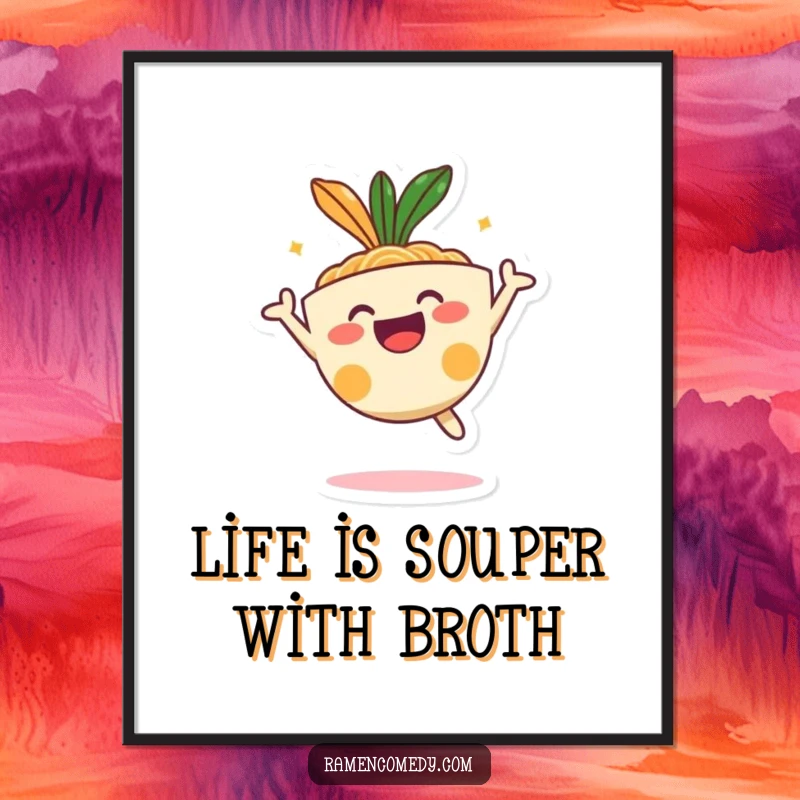 Funny Free Printable Wall Art of a cheerful ramen bowl character caught in an ecstatic, gravity-defying jump, full of life.