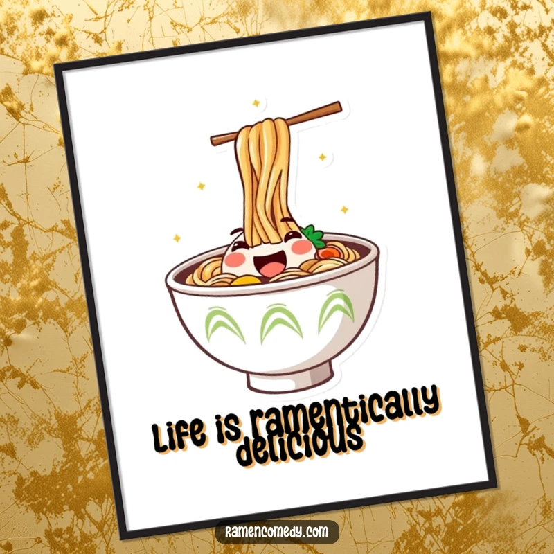 Funny Free Printable Wall Art: A steaming ramen bowl with a gleeful face is captured mid-jump, full of zesty personality.