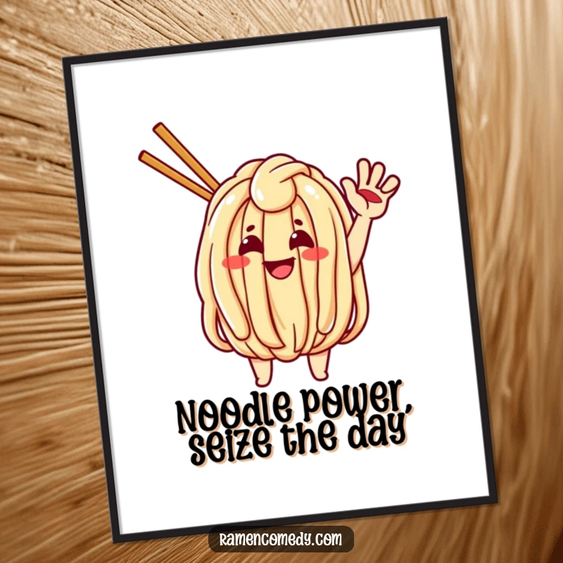 Funny Free Printable Wall Art: Cheerful udon noodle character waving energetically, bringing playful food art and good vibes to decor.