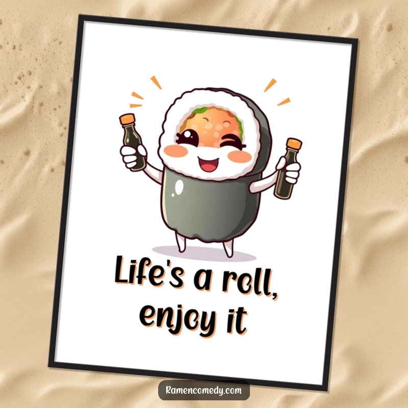 Funny Free Printable Wall Art: A cheerful sushi roll character winking playfully while expertly juggling soy sauce bottles.