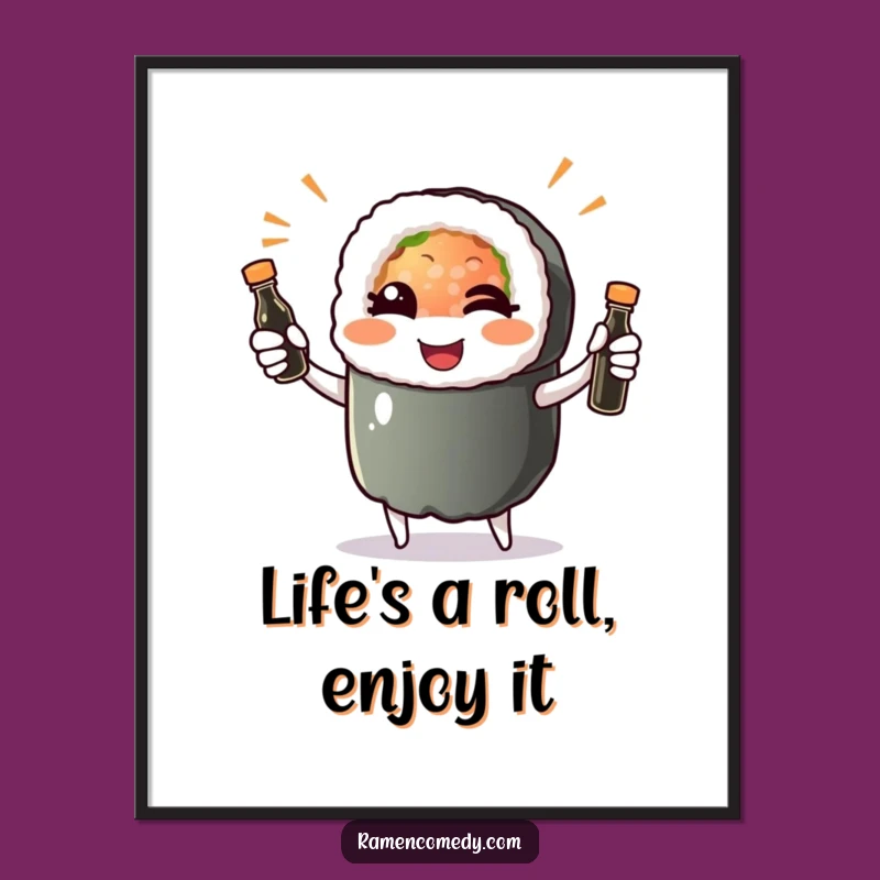 Funny Free Printable Wall Art: Winking Sushi Roll Juggling Soy Sauce for Quirky Decor