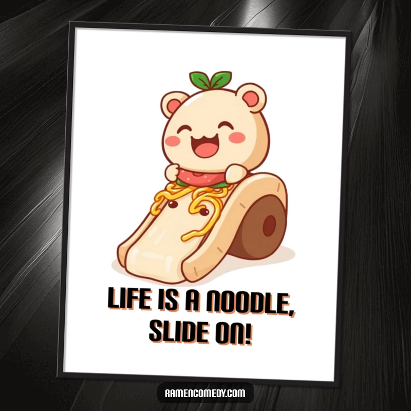 Funny Free Printable Wall Art of a smiling bao bun joyfully sliding down a noodle slide, creating a fun visual.