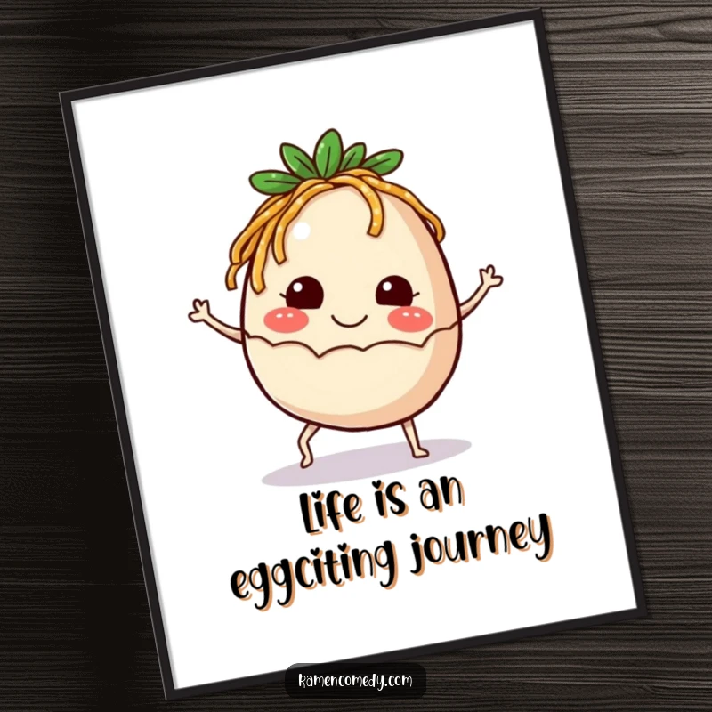 Funny Free Printable Wall Art: A smiling ramen egg with tiny, active legs joyfully kicks upwards, radiating pure happiness.